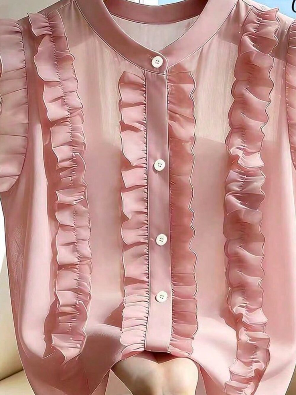 Pink Elegant Women's Ruffle Sheer Button Front Stand Collar Top